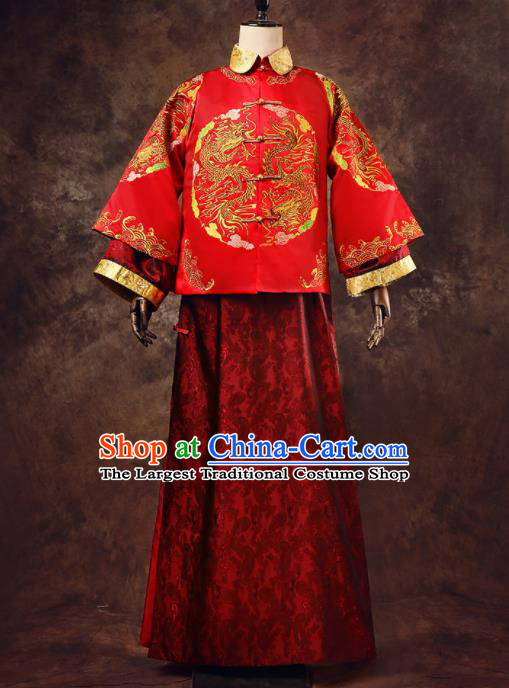 Chinese Ancient Traditional Wedding Costumes Bridegroom Embroidered Tang Suit Red Gown for Men