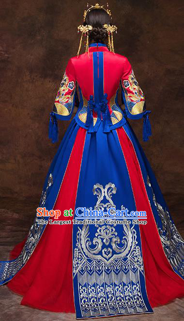 Chinese Traditional Blue Wedding Dress Ancient Bride Xiuhe Suits Handmade Embroidered Costumes for Women