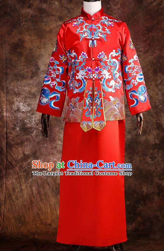 Chinese Traditional Wedding Costumes Red Mandarin Jacket Long Robe Ancient Bridegroom Tang Suit for Men