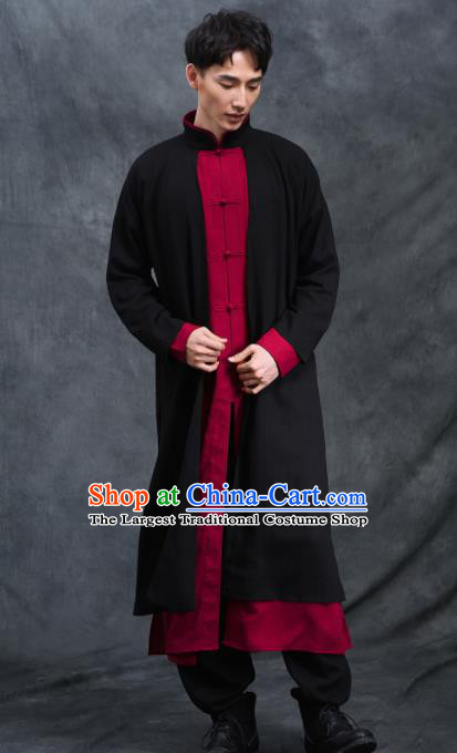 Chinese Traditional Tang Suit Costumes National Black Linen Plated Buttons Overcoat for Men