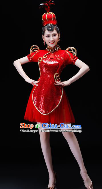 Chinese Traditional Folk Dance Costumes Drum Dance Group Dance Red Dress for Women