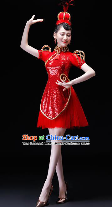 Chinese Traditional Folk Dance Costumes Drum Dance Group Dance Red Dress for Women