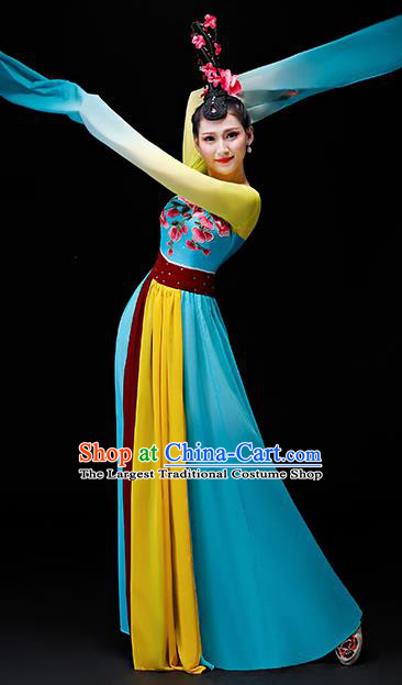 Chinese Traditional Classical Dance Costumes Umbrella Dance Group Dance Blue Water Sleeve Dress for Women