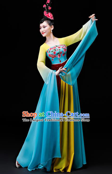 Chinese Traditional Classical Dance Costumes Umbrella Dance Group Dance Blue Water Sleeve Dress for Women