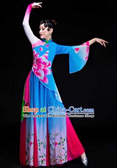 Chinese Traditional Folk Dance Yangko Costumes Drum Dance Blue Dress for Women