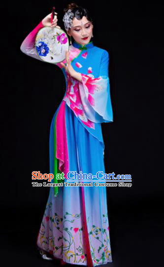 Chinese Traditional Folk Dance Yangko Costumes Drum Dance Blue Dress for Women