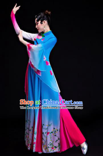 Chinese Traditional Folk Dance Yangko Costumes Drum Dance Blue Dress for Women