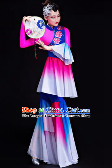 Chinese Traditional Folk Dance Yangko Costumes Group Dance Rosy Dress for Women