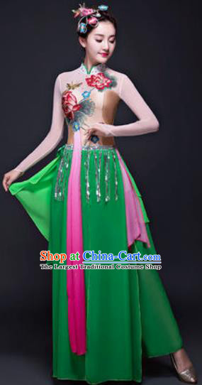 Chinese Traditional Classical Dance Lotus Dance Costumes Umbrella Dance Green Dress for Women