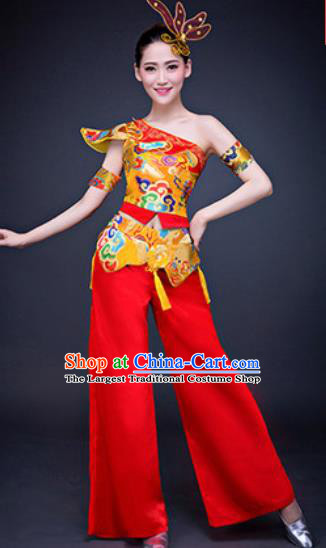 Chinese Traditional Folk Dance Costumes New Year Drum Dance Group Dance Red Clothing for Women