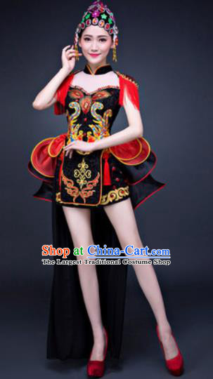 Chinese Traditional Folk Dance Costumes New Year Drum Dance Black Dress for Women