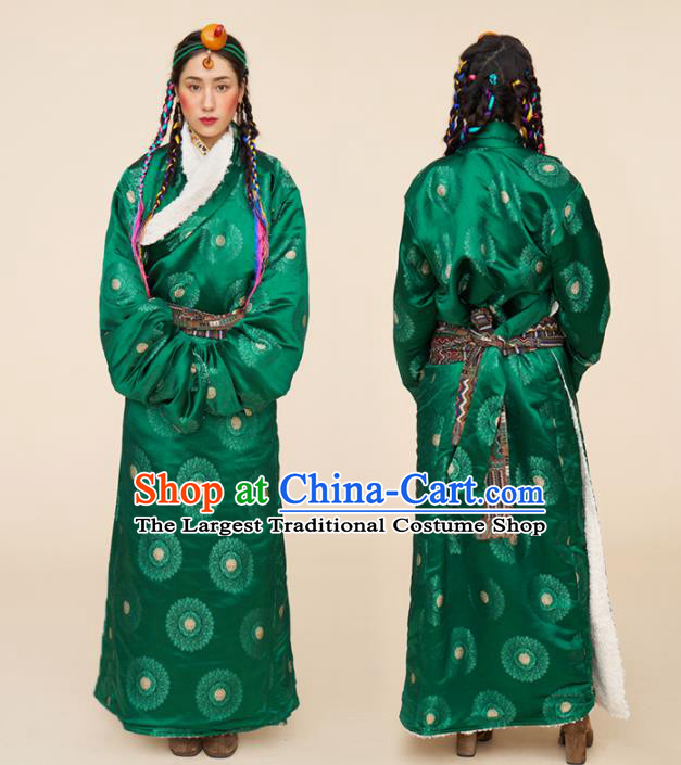 Traditional Chinese Zang Nationality Dance Costumes Ethnic Folk Dance Green Tibetan Robe for Women