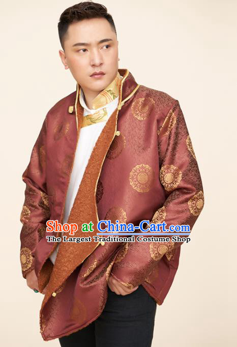 Traditional Chinese Zang Nationality Dance Costumes Tibetan Folk Dance Ethnic Wine Red Coat for Men