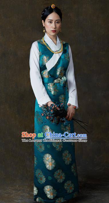 Traditional Chinese Zang Nationality Dance Costumes Blue Tibetan Robe Ethnic Folk Dance Dress for Women