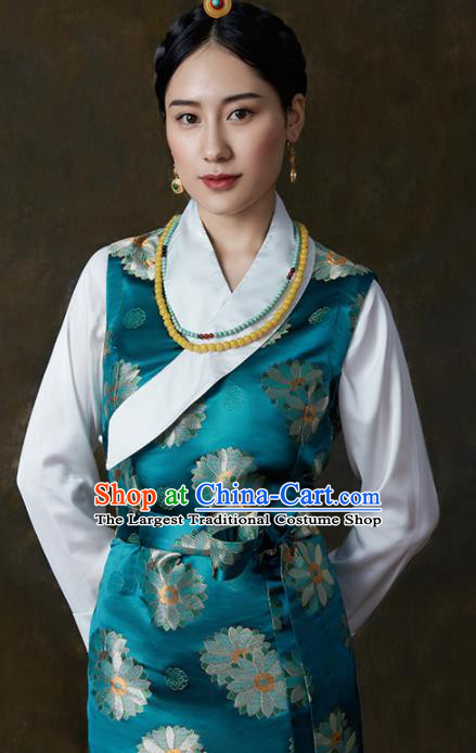 Traditional Chinese Zang Nationality Dance Costumes Blue Tibetan Robe Ethnic Folk Dance Dress for Women