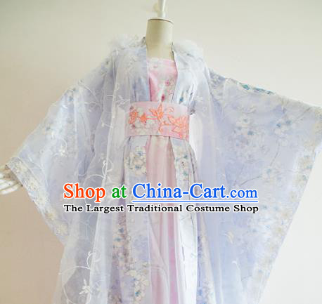 Traditional Chinese Tang Dynasty Princess Costumes Ancient Cosplay Peri Blue Hanfu Dress for Women