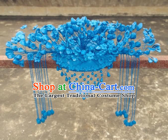 Chinese Ancient Bride Blue Phoenix Coronet Wedding Hair Accessories Hairpins Headwear for Women
