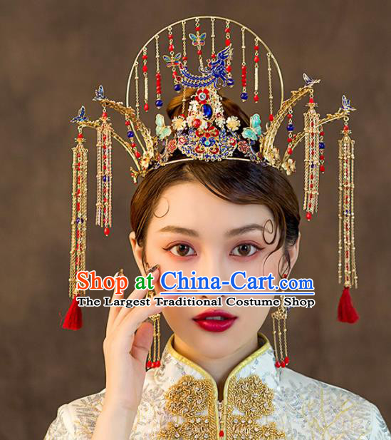 Chinese Ancient Wedding Hair Accessories Palace Cloisonne Phoenix Coronet Bride Hairpins Headwear for Women