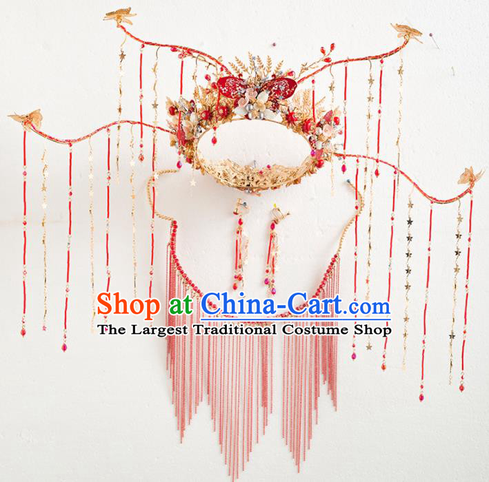 Chinese Ancient Wedding Hair Accessories Red Tassel Phoenix Coronet Bride Hairpins Headwear for Women