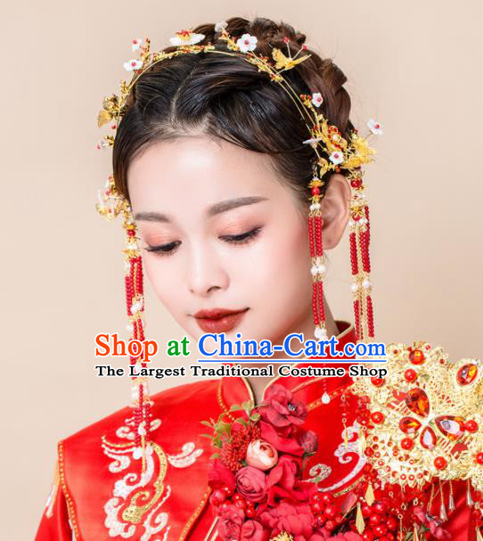 Chinese Ancient Wedding Hair Accessories Red Beads Tassel Phoenix Coronet Bride Hairpins Headwear for Women