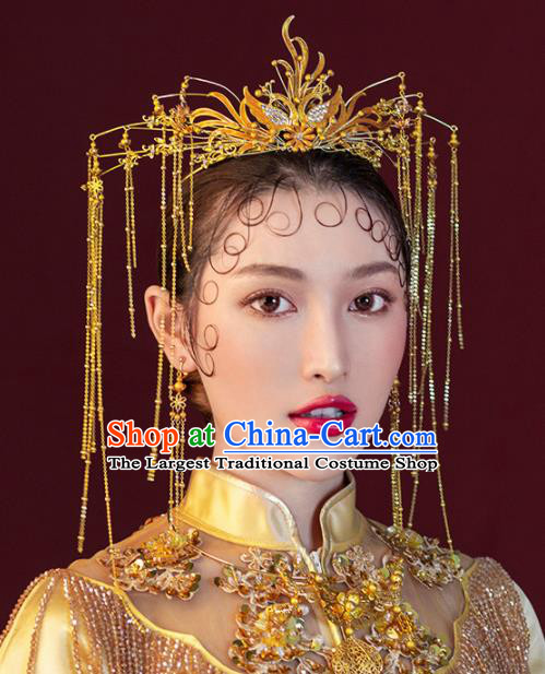 Chinese Ancient Wedding Hair Accessories Luxury Golden Tassel Phoenix Coronet Bride Hairpins Headwear for Women