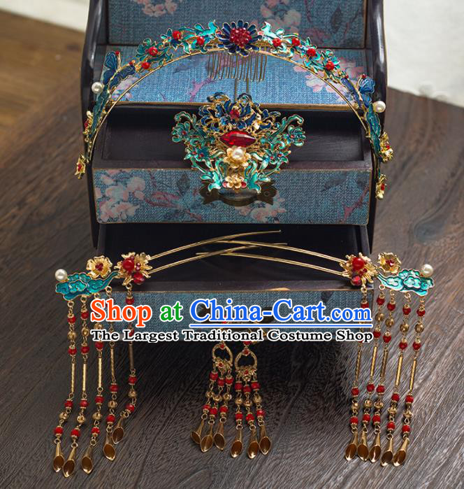 Chinese Ancient Wedding Hair Accessories Luxury Cloisonne Phoenix Coronet Bride Hairpins Headwear for Women
