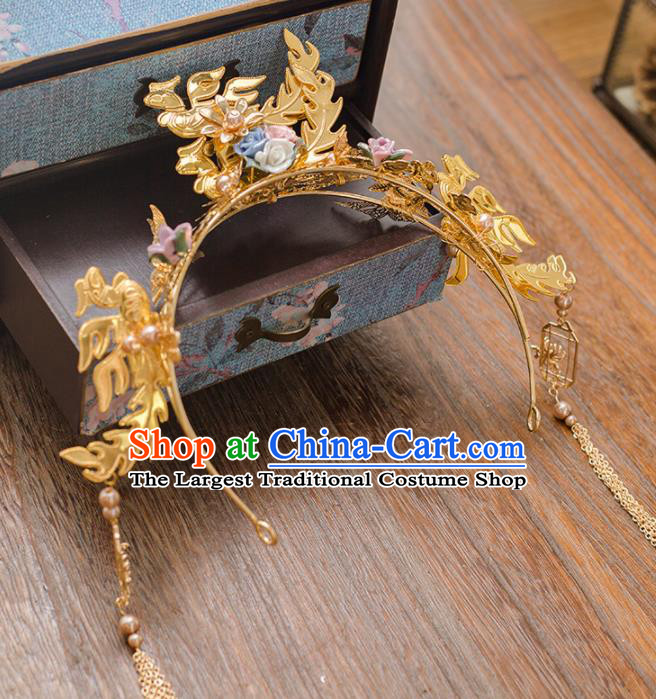 Chinese Ancient Bride Golden Hair Clasp Wedding Hair Accessories Hairpins Feather Headwear for Women