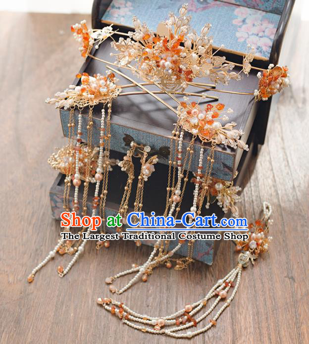 Chinese Ancient Wedding Hair Accessories Bride Pearls Phoenix Coronet Tassel Hairpins Headwear for Women