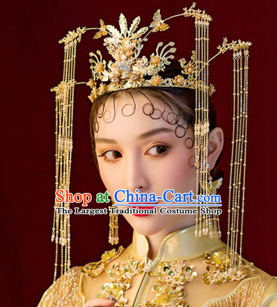 Chinese Ancient Wedding Hair Accessories Bride Golden Tassel Phoenix Coronet Hairpins Headwear for Women