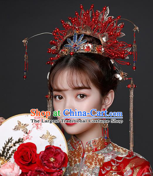 Chinese Ancient Wedding Hair Accessories Bride Red Beads Phoenix Coronet Tassel Hairpins Headwear for Women