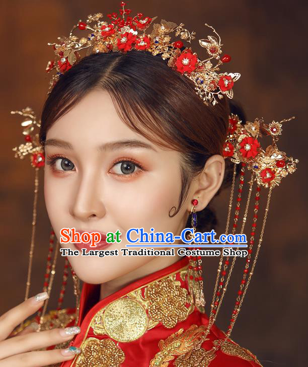 Chinese Ancient Palace Bride Red Flowers Hair Crown Wedding Hair Accessories Tassel Hairpins Headwear for Women