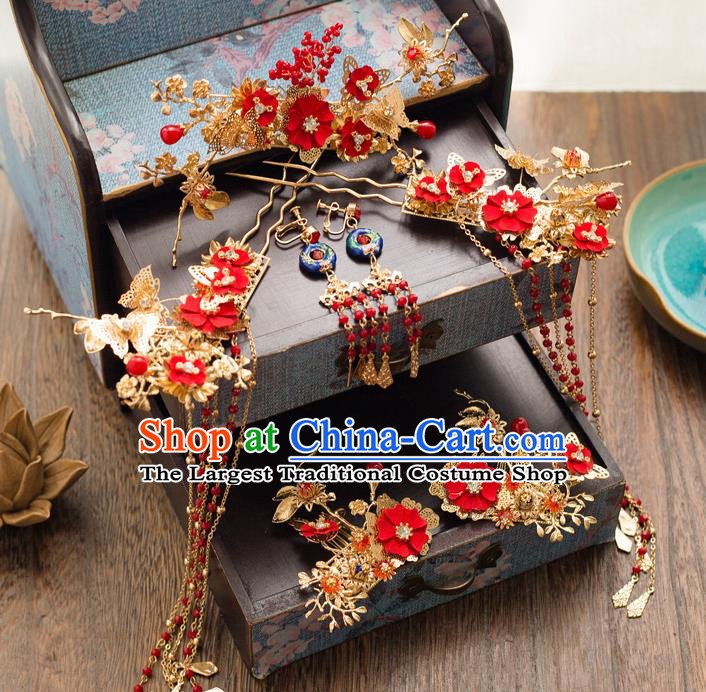 Chinese Ancient Palace Bride Red Flowers Hair Crown Wedding Hair Accessories Tassel Hairpins Headwear for Women