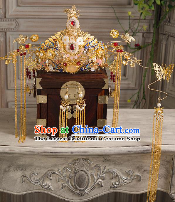 Chinese Ancient Palace Bride Phoenix Coronet Wedding Hair Accessories Tassel Hairpins Headwear for Women
