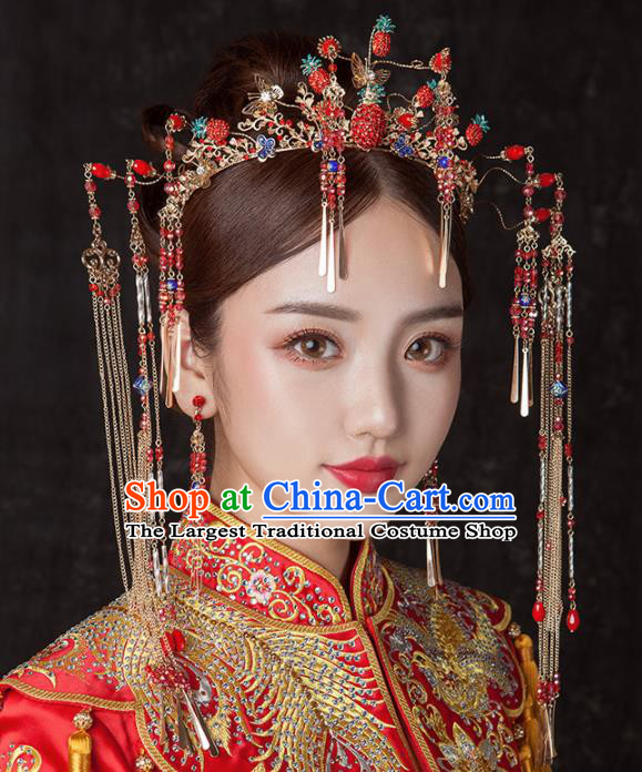 Chinese Ancient Palace Bride Hair Accessories Wedding Strawberry Phoenix Coronet Hairpins Headwear for Women