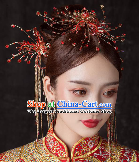 Chinese Ancient Palace Bride Hair Accessories Red Beads Hair Comb Hairpins Headwear for Women