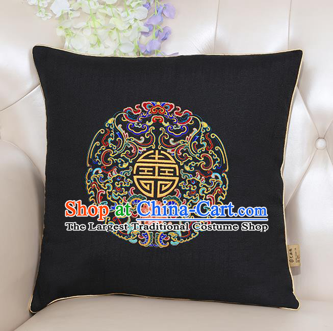 Chinese Classical Household Ornament Traditional Handmade Embroidered Black Linen Cushion