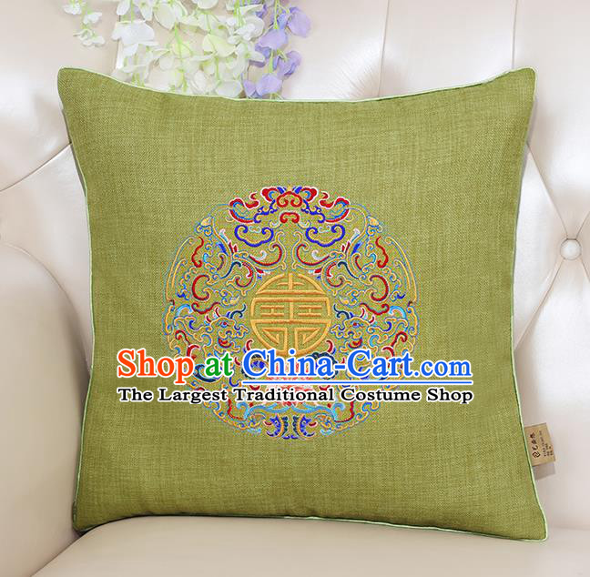 Chinese Classical Household Ornament Traditional Handmade Embroidered Olive Green Linen Cushion