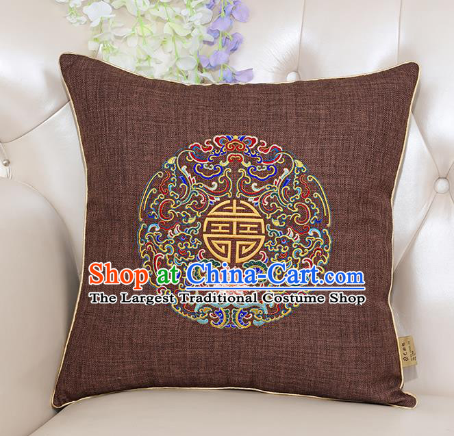 Chinese Classical Household Ornament Traditional Handmade Embroidered Brown Linen Cushion