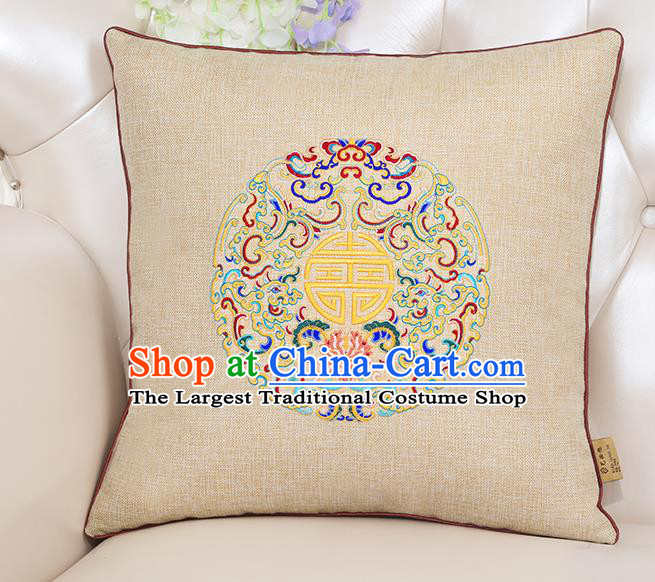 Chinese Classical Household Ornament Traditional Handmade Embroidered Beige Linen Cushion