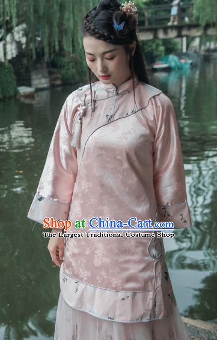 Chinese Traditional Costumes National Upper Outer Garment Pink Silk Qipao Blouse for Women