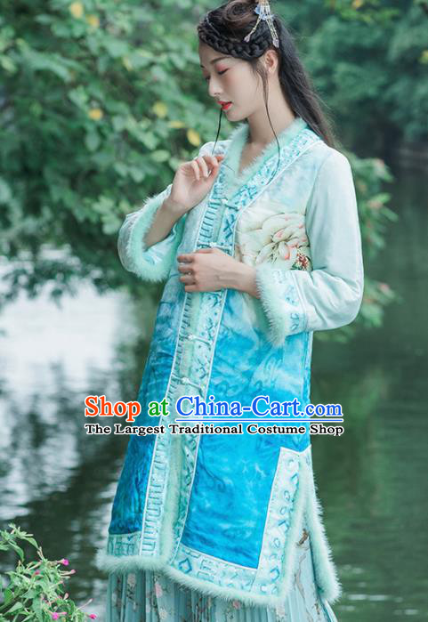 Chinese Traditional Costumes National Upper Outer Garment Blue Silk Qipao Coat for Women