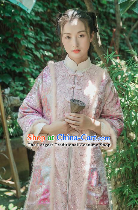 Chinese Traditional Costumes National Upper Outer Garment Pink Silk Qipao Coat for Women