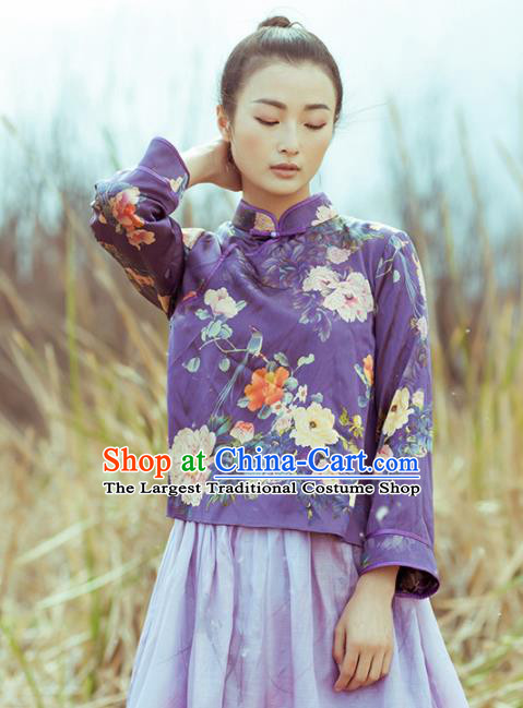 Chinese Traditional Costumes National Tang Suit Purple Blouse Qipao Upper Outer Garment for Women