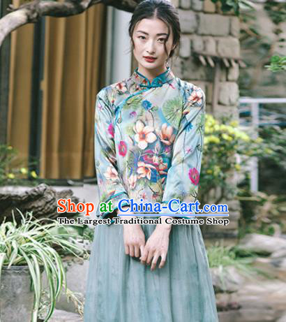 Chinese Traditional Costumes National Tang Suit Printing Green Silk Blouse Qipao Upper Outer Garment for Women
