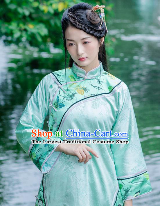 Chinese Traditional Costumes National Upper Outer Garment Green Silk Qipao Coat for Women