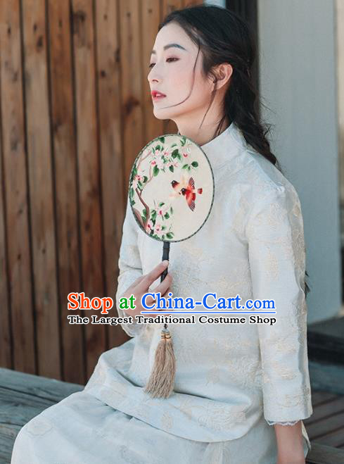 Chinese Traditional Costumes National White Silk Blouse Tang Suit Qipao Upper Outer Garment for Women