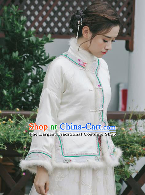 Chinese Traditional Costumes National Upper Outer Garment White Qipao Cotton Wadded Jacket for Women