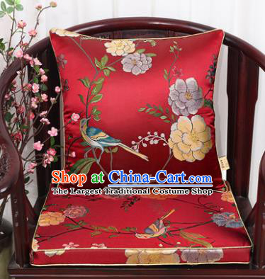 Chinese Classical Household Ornament Flowers and Birds Pattern Red Brocade Back Cushion Cover and Armchair Mat