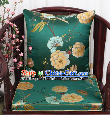 Chinese Classical Household Ornament Flowers and Birds Pattern Green Brocade Back Cushion Cover and Armchair Mat