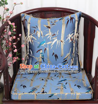 Chinese Classical Household Ornament Bamboo Pattern Light Blue Brocade Back Cushion Cover and Armchair Mat